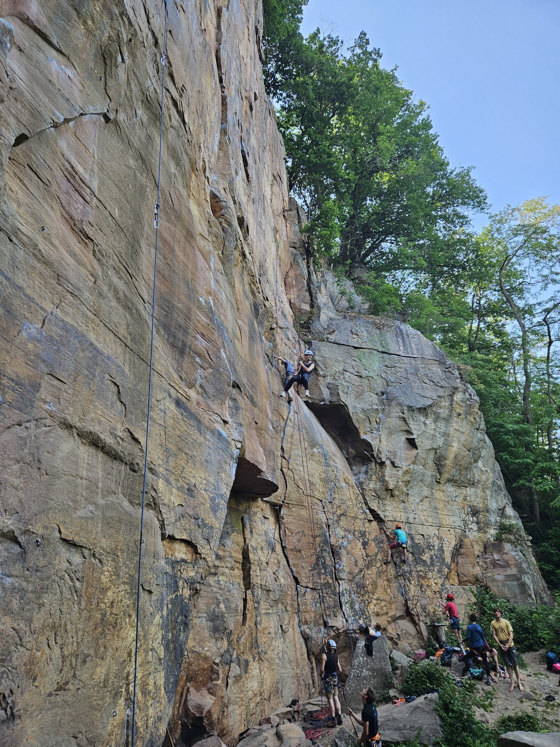 Des participants grimpent sur une falaise équipée de cordes